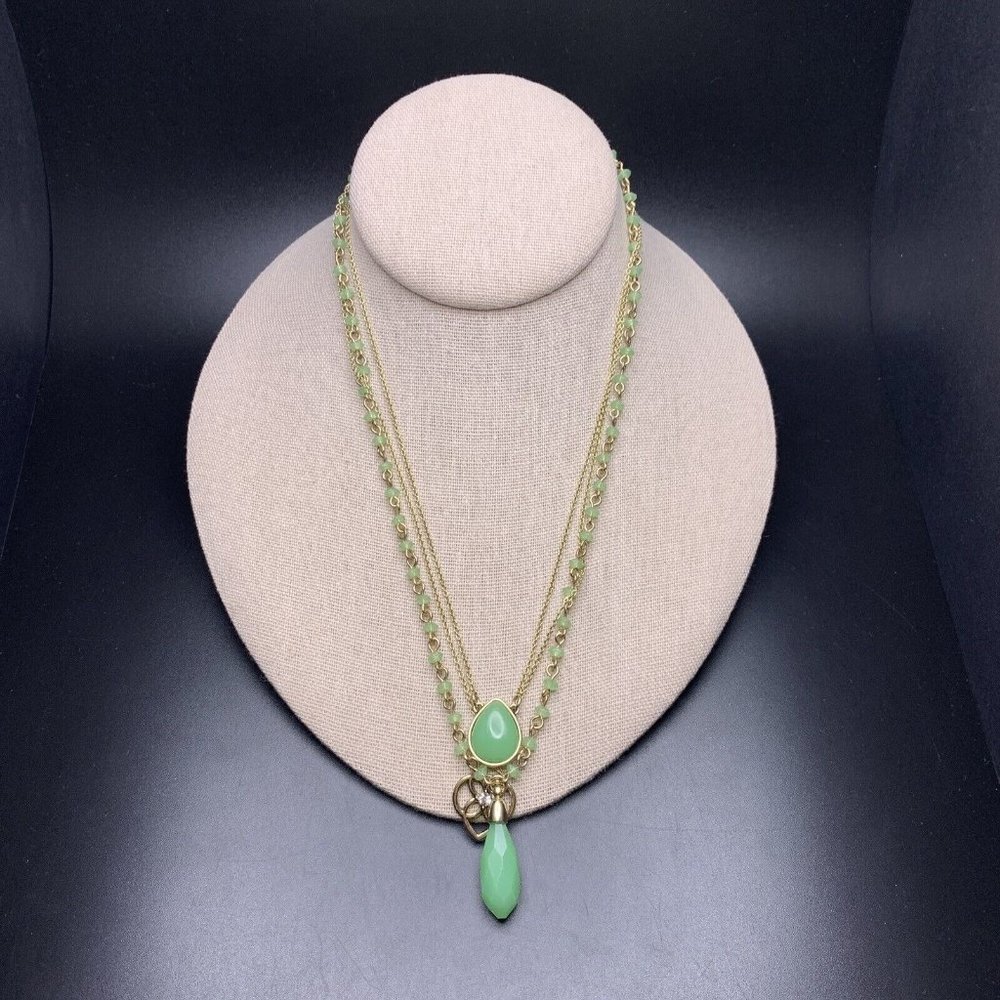 Chaps Layered Boho Necklace Green Briolette Beaded Rhinestone Pendant Gold Tone